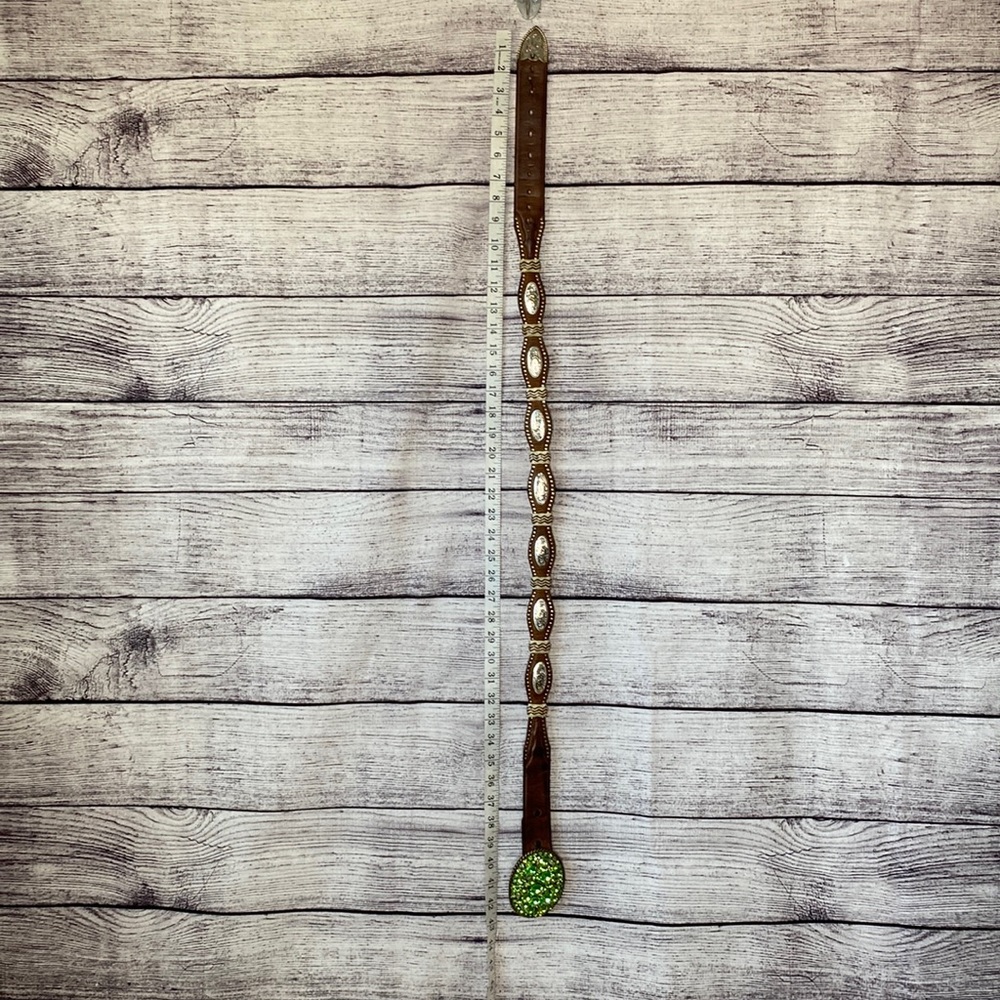 Green Rinestone Y2K Vintage Swarovski Crystal Western Leather Belt Size 36 - Picture 11 of 13